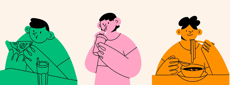 Drawn image of three line figures eating/drinking on a beige background. They all have squiggly hands, short hair with bangs, and are wearing T-shirts. 

First figure on the left is green and is chewing with a pizza in their hand. In front of them sits a beverage with a straw.  Second figure is coloured in pink, holding onto a drink with both hands, sipping through a straw.  The third figure is coloured in orange, smiling in front of a bowl of soup, holding a chopstick-full of noodles in one hand and holding a spoon in the other.