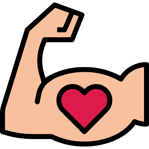 Icon. A flexed arm with a red heart at the bicep.